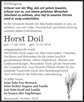 Traueranzeige von Horst Doil von WVG - Wochenspiegel NMB / WSF / ZTZ