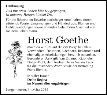 Traueranzeige von Horst Goethe von Mitteldeutsche Zeitung Sangerhausen