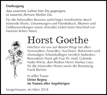 Traueranzeige von Horst Goethe von Super Sonntag SGH Mansf. Land