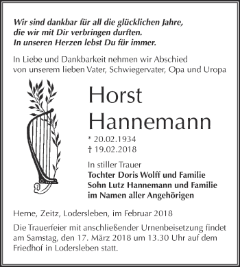 Traueranzeige von Horst Hannemann von WVG - Wochenspiegel Merseburg