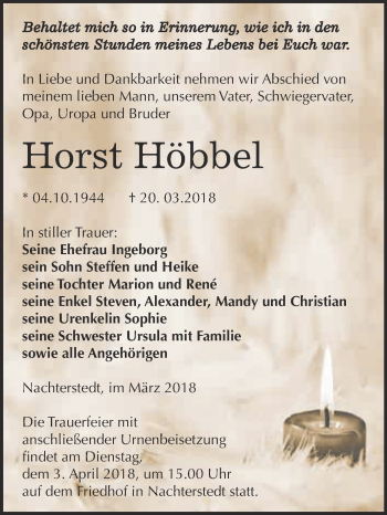 Traueranzeige von Horst Höbbel von Super Sonntag Aschersleben