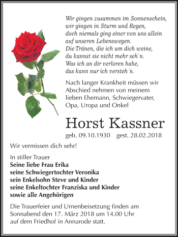 Traueranzeige von Horst Kassner von Mitteldeutsche Zeitung