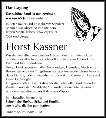 Traueranzeige von Horst Kassner von Mitteldeutsche Zeitung