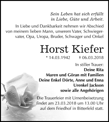 Traueranzeige von Horst Kiefer von Mitteldeutsche Zeitung Bitterfeld