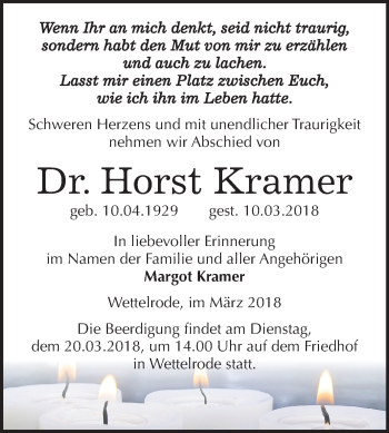 Traueranzeige von Horst Kramer von Mitteldeutsche Zeitung Sangerhausen