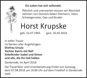 Traueranzeige von Horst Krupske von Super Sonntag Quedlinburg