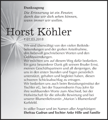 Traueranzeige von Horst Köhler von WVG - Wochenspiegel Wittenberg