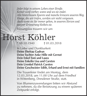 Traueranzeige von Horst Köhler von WVG - Wochenspiegel Wittenberg