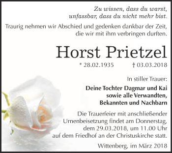 Traueranzeige von Horst Prietzel von Super Sonntag Wittenberg