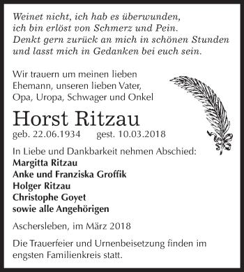 Traueranzeige von Horst Ritzau von Super Sonntag Aschersleben