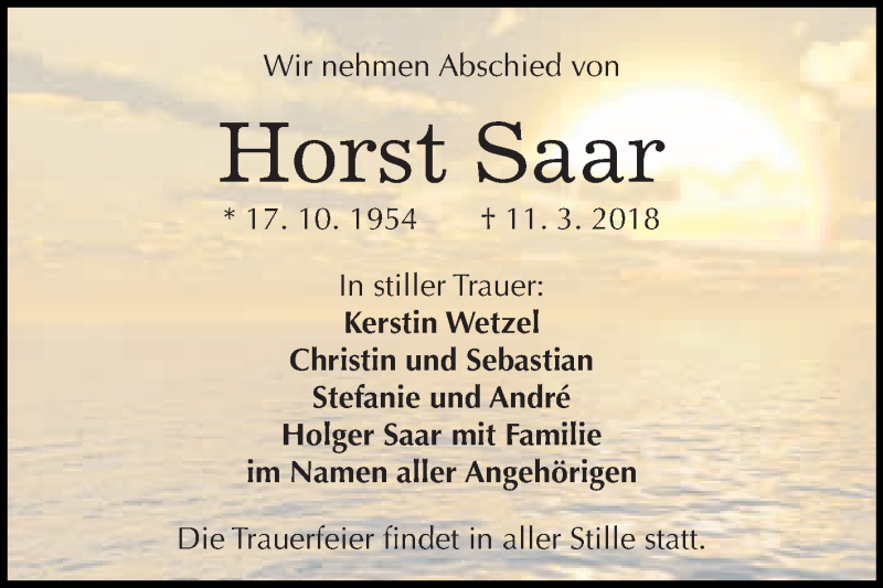  Traueranzeige für Horst Saar vom 24.03.2018 aus WVG - Wochenspiegel Quedlinburg