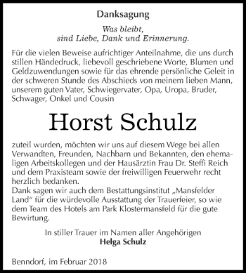 Traueranzeige von Horst Schulz von Wochenspiegel Mansfelder Land