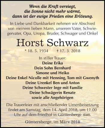 Traueranzeige von Horst Schwarz von Mitteldeutsche Zeitung