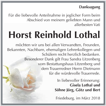 Traueranzeige von Horst Reinhold Lothal von Wochenspiegel Mansfelder Land