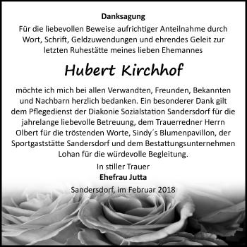 Traueranzeige von Hubert Kirchhof von Mitteldeutsche Zeitung Bitterfeld