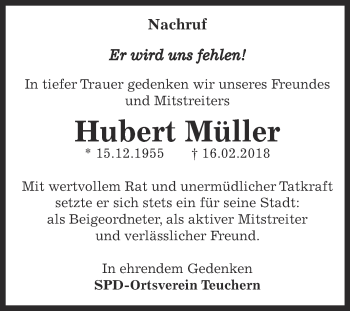 Traueranzeige von Hubert Müller von WVG - Wochenspiegel NMB / WSF / ZTZ