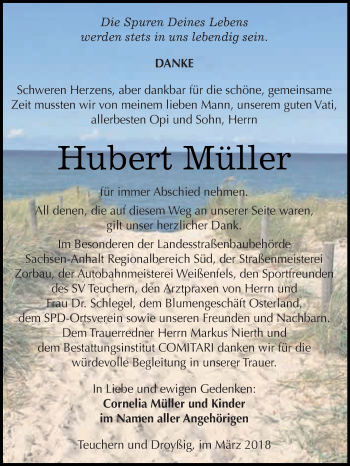 Traueranzeige von Hubert Müller von WVG - Wochenspiegel NMB / WSF / ZTZ