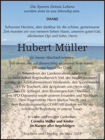 Traueranzeige von Hubert Müller von Mitteldeutsche Zeitung Weißenfels