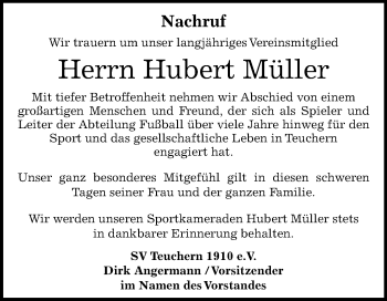 Traueranzeige von Hubert Müller von Mitteldeutsche Zeitung Weißenfels