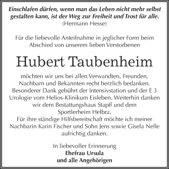 Traueranzeige von Hubert Taubenheim von Wochenspiegel Mansfelder Land