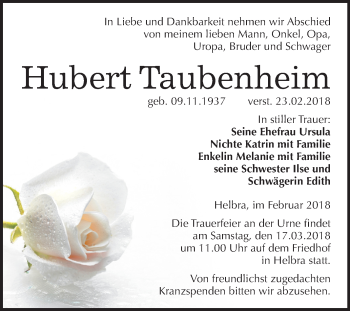 Traueranzeige von Hubert Taubenheim von Mitteldeutsche Zeitung