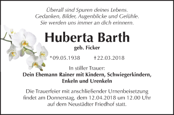 Traueranzeige von Huberta Barth von Mitteldeutsche Zeitung Halle/Saalkreis