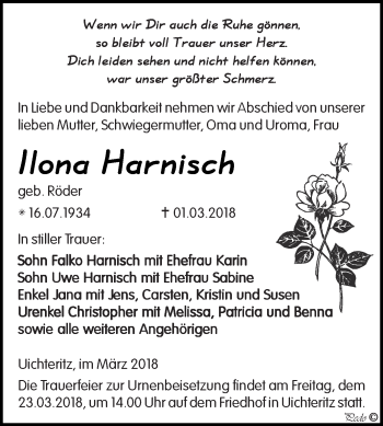 Traueranzeige von Ilona Harnisch von WVG - Wochenspiegel NMB / WSF / ZTZ