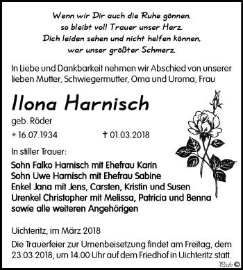 Traueranzeige von Ilona Harnisch von Mitteldeutsche Zeitung Weißenfels