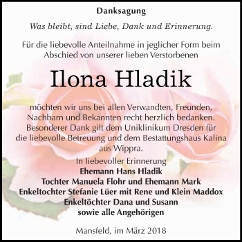 Traueranzeige von Ilona Hladik von Super Sonntag SGH Mansf. Land