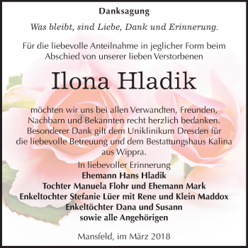 Traueranzeige von Ilona Hladik von Mitteldeutsche Zeitung