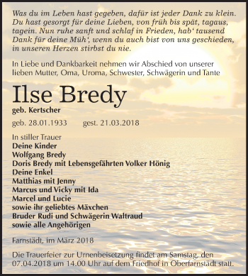 Traueranzeige von Ilse Bredy von Mitteldeutsche Zeitung Merseburg/Querfurt