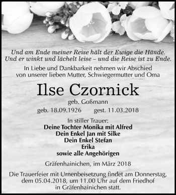 Traueranzeige von Ilse Czornick von Mitteldeutsche Zeitung