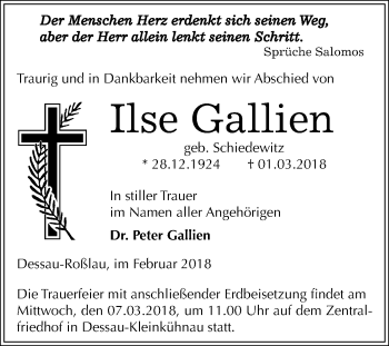 Traueranzeige von Ilse Gallien von Mitteldeutsche Zeitung Dessau-Roßlau