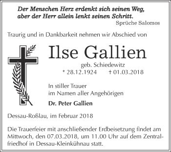 Traueranzeige von Ilse Gallien von WVG - Wochenspiegel Dessau / Köthen