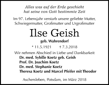 Traueranzeige von Ilse Geish von Mitteldeutsche Zeitung Aschersleben