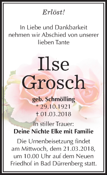 Traueranzeige von Ilse Grosch von Mitteldeutsche Zeitung Merseburg/Querfurt
