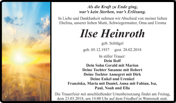 Traueranzeige von Ilse Heinroth von Mitteldeutsche Zeitung Quedlinburg