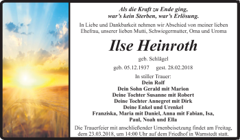 Traueranzeige von Ilse Heinroth von Super Sonntag Quedlinburg