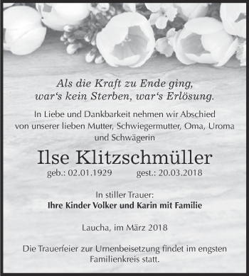 Traueranzeige von Ilse Klitzschmüller von WVG - Wochenspiegel NMB / WSF / ZTZ
