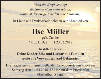 Traueranzeige von Ilse Müller von Mitteldeutsche Zeitung Bitterfeld