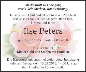Traueranzeige von Ilse Peters von Super Sonntag Bernburg