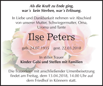 Traueranzeige von Ilse Peters von Mitteldeutsche Zeitung Bernburg