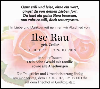 Traueranzeige von Ilse Rau von WVG - Wochenspiegel Dessau / Köthen