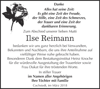 Traueranzeige von Ilse Reimann von Super Sonntag Aschersleben