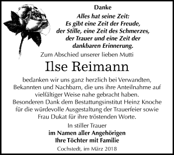 Traueranzeige von Ilse Reimann von Mitteldeutsche Zeitung Aschersleben