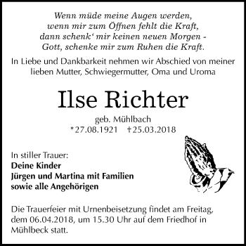 Traueranzeige von Ilse Richter von Mitteldeutsche Zeitung Bitterfeld