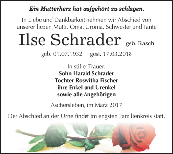 Traueranzeige von Ilse Schrader von Mitteldeutsche Zeitung Aschersleben