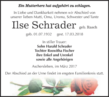 Traueranzeige von Ilse Schrader von Super Sonntag Aschersleben