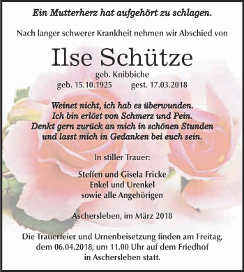 Traueranzeige von Ilse Schütze von Super Sonntag Aschersleben