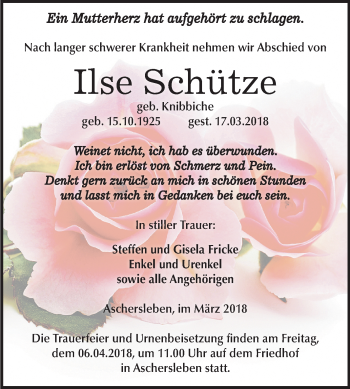 Traueranzeige von Ilse Schütze von Mitteldeutsche Zeitung Aschersleben